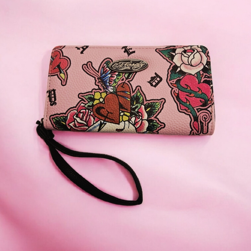 NEW Ed Hardy Pink and Black Floral Wristlet Wallet & Key Ring Set New With Tags